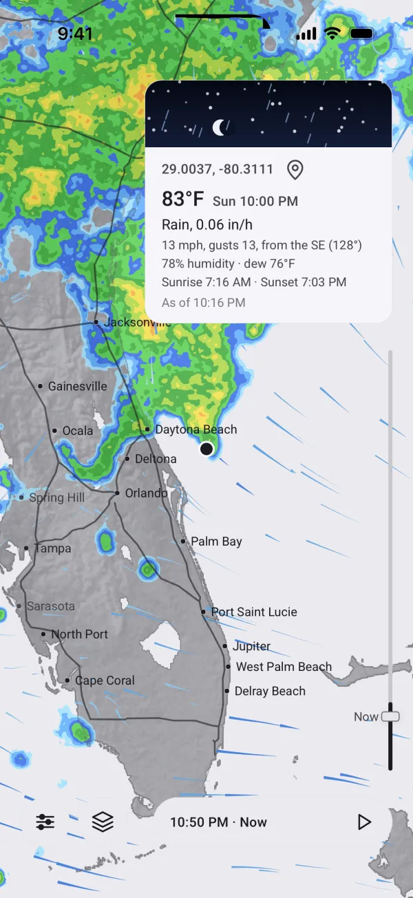 Atlas on a phone: rain and wind along the Florida coast, with the forecast for one spot