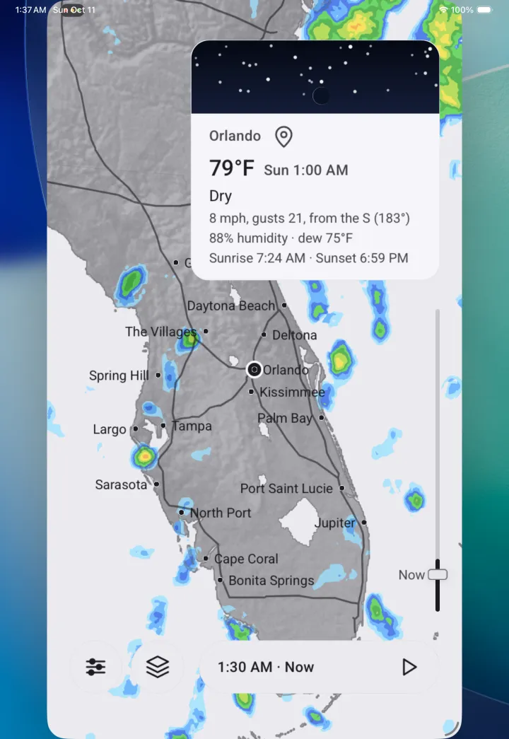 Atlas on a tablet: rain moving over Florida, with the forecast for Orlando
